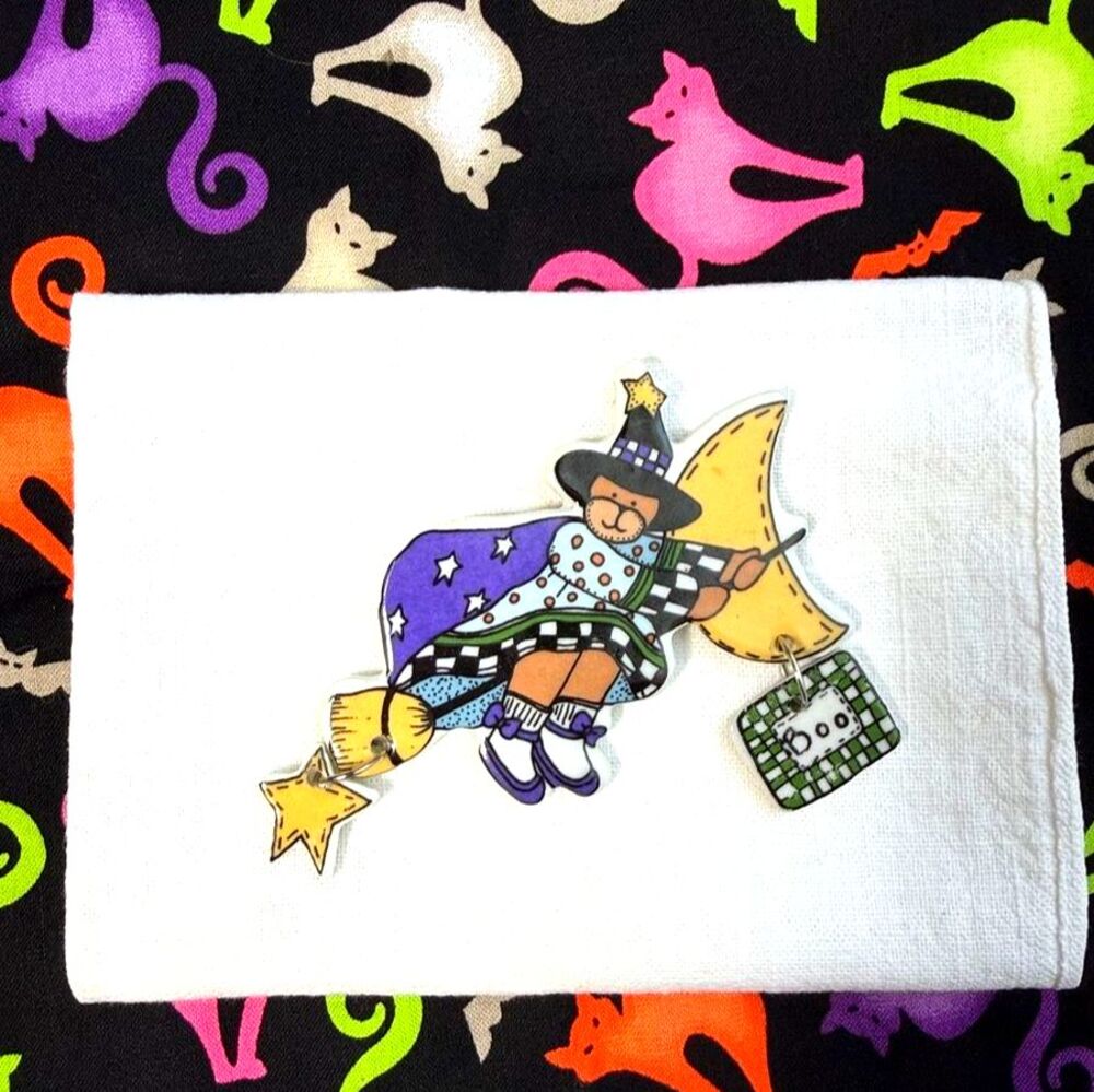 VTG 90s Debbie Mumm Sakura Ceramic Halloween Pin WitchBear Moon Boo Dangle Broom